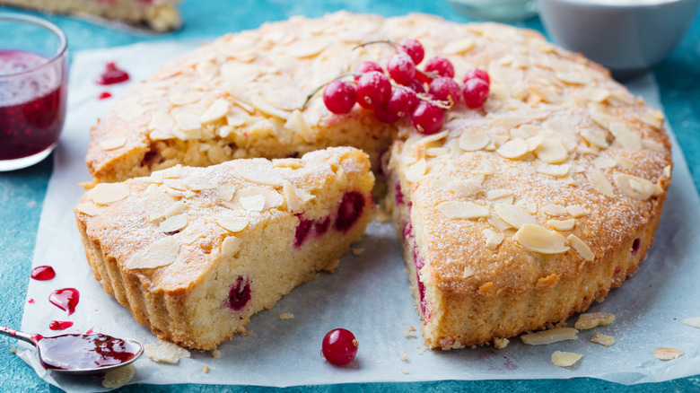 Cherry Bakewell tart on a plate