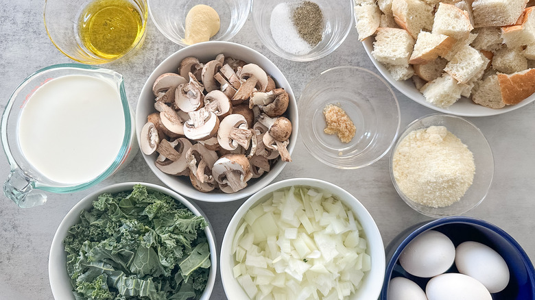 ingredients for kale and mushroom strata