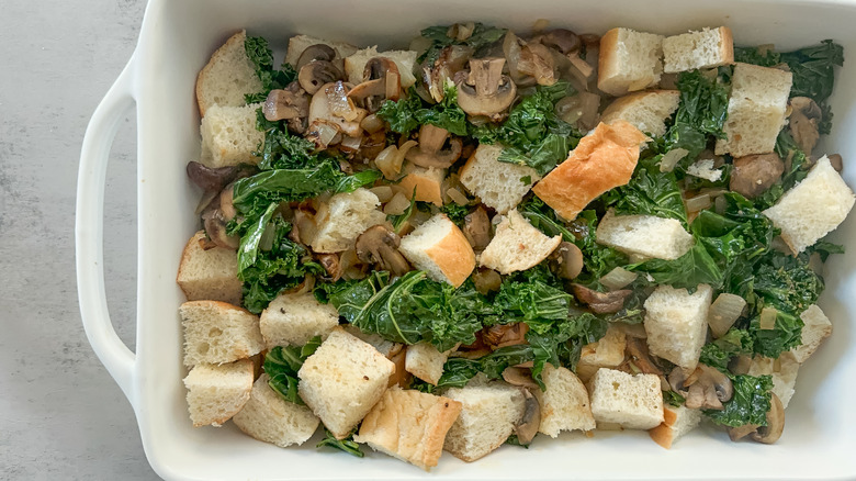 bread and veggies in baking dish