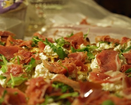 Bruschetta with Homemade Ricotta, Prosciutto, and Arugula