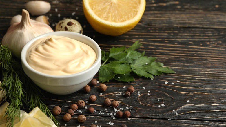 Bowl of mayonnaise and herbs