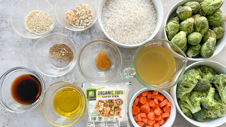 ingredients for brussels sprouts and tofu bake