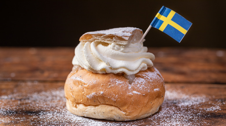 Semla with a tiny Swedish flag in it