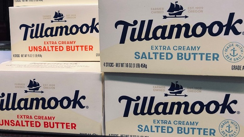 Tillamook unsalted and salted butter containers