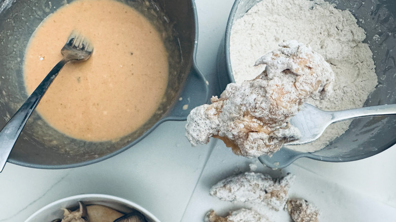 double-dipping mushroom in flour