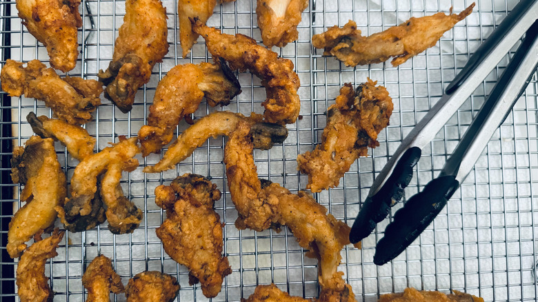 fried mushrooms on wire rack