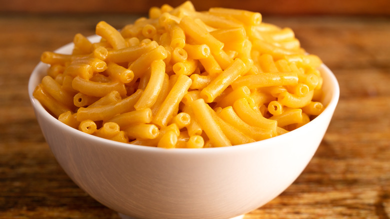 A bowl of macaroni and cheese from a box