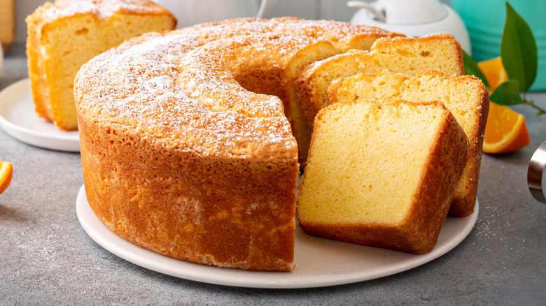 round vanilla pound cake with slice cut out