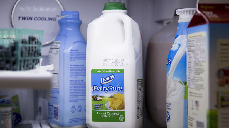 a bottle of low-fat cultured buttermilk in the refrigerator