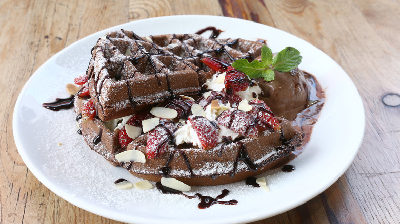 Chocolate waffles with toppings