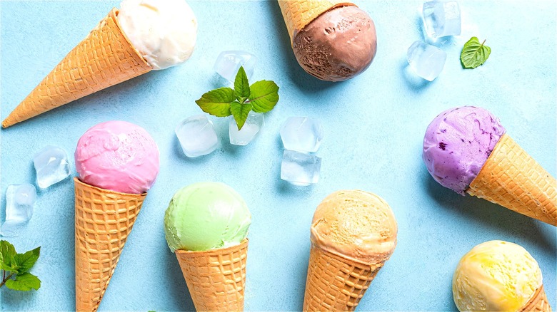 Sugar cones with colorful ice cream