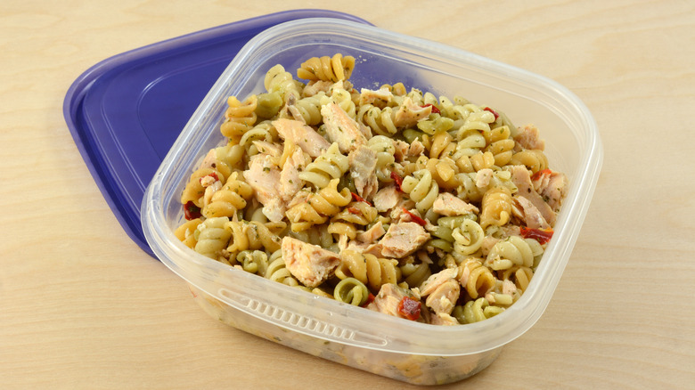 A container of pasta salad