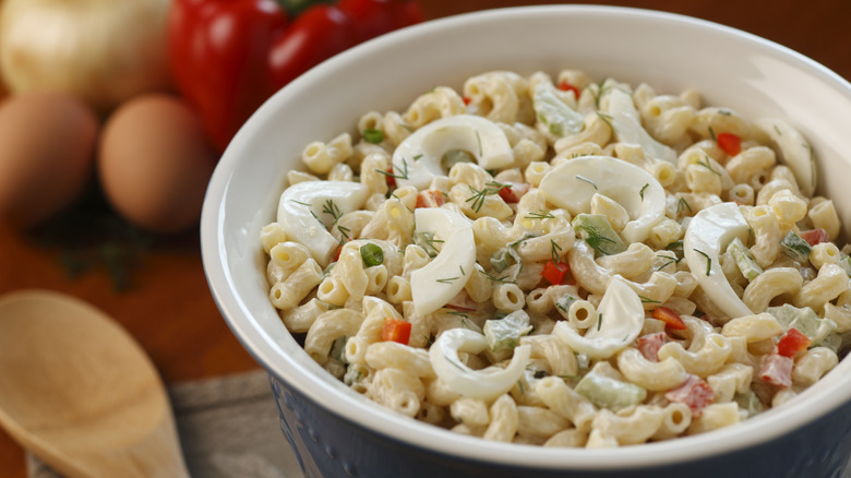 A bowl of pasta salad