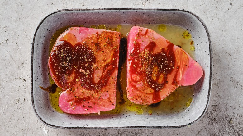 Tuna steaks in marinade