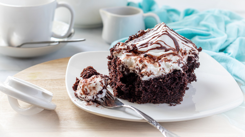 Mississippi Mud Cake topped with marshmallow fluff