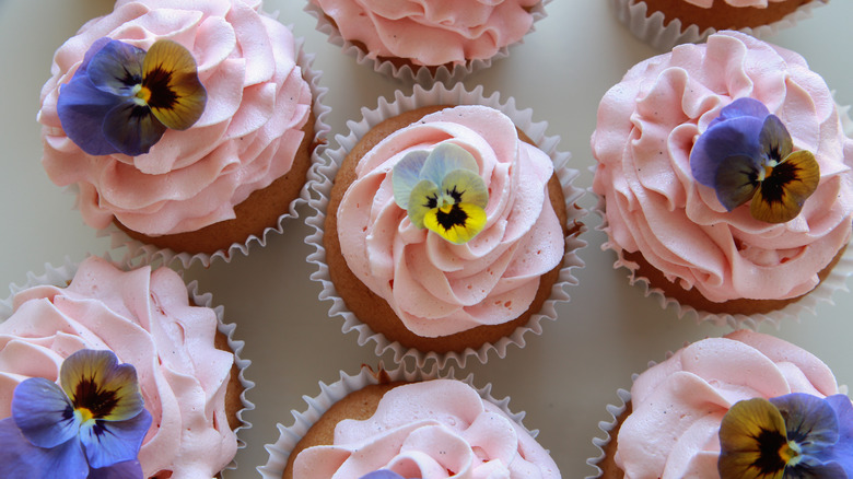 Cupcakes decorated with pansies