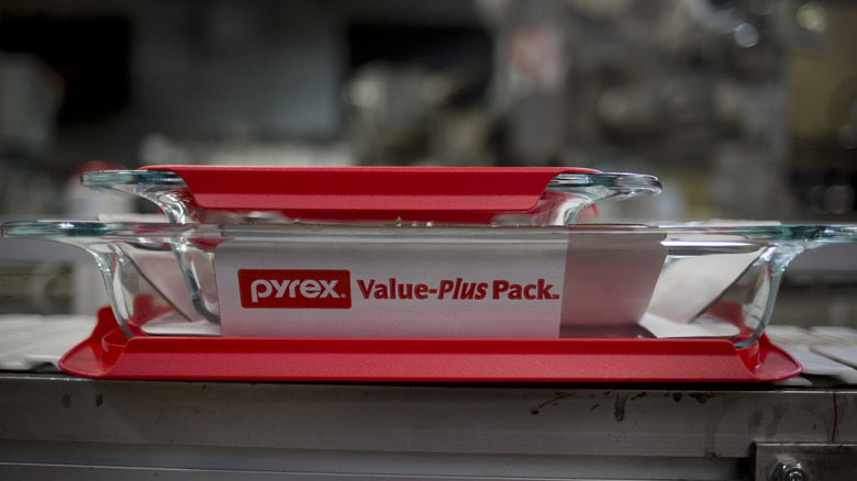 Glass cookware with Pyrex logo displayed on side