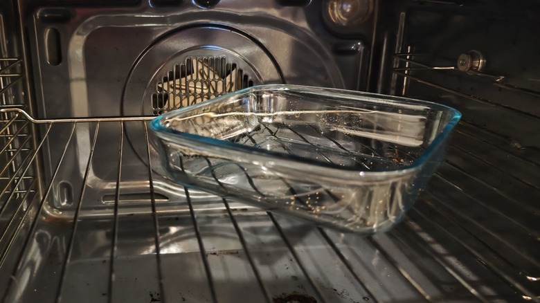 Empty Pyrex dish inside oven