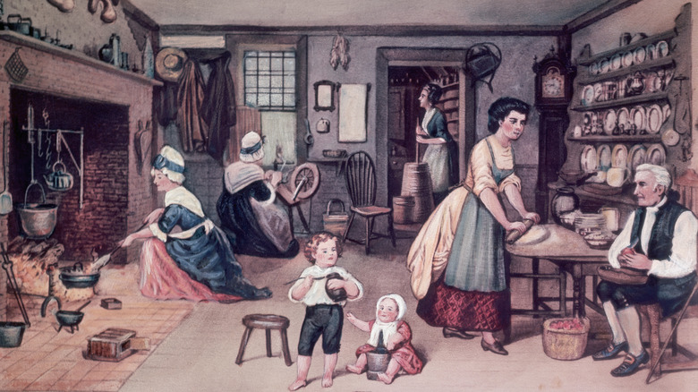 painting of Colonial family kitchen 