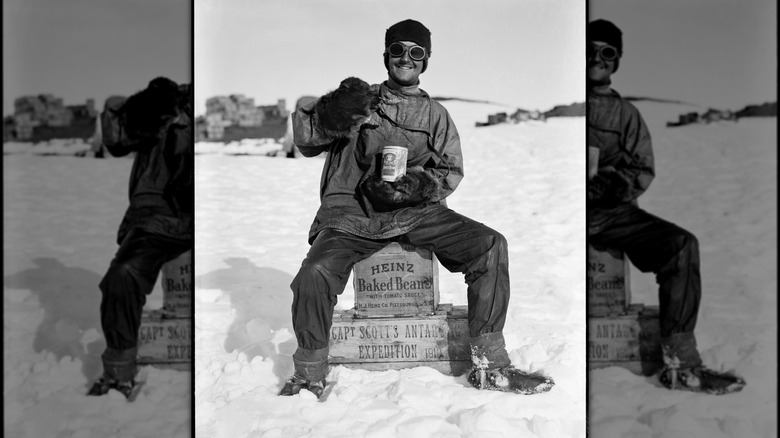 Arctic explorer eating Heinz beans