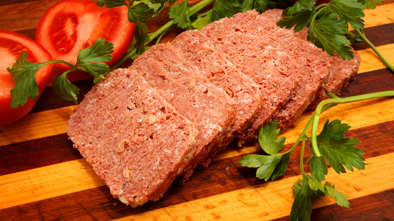 Corned beef on wooden board