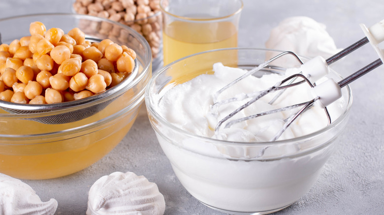 drained garbanzos and whipped aquafaba