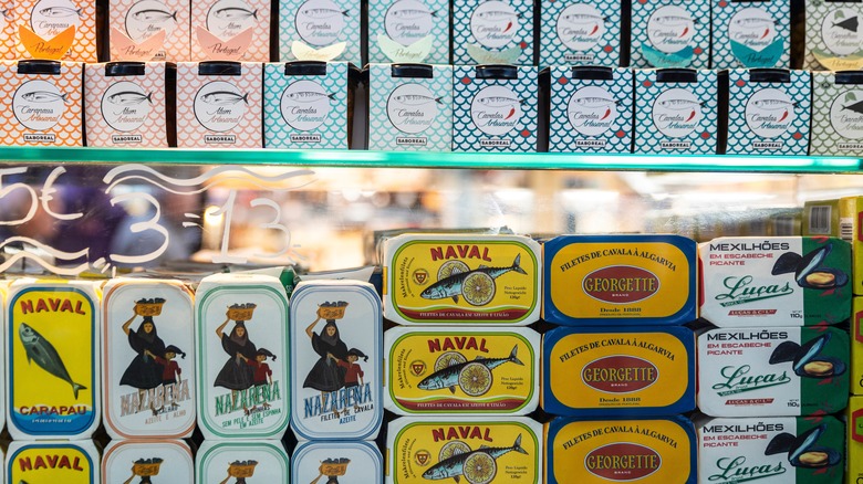 Colorful display of sardine and tuna tins