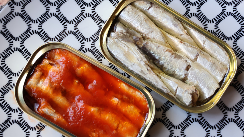 Two cans of sardines, one packed in oil and the other packed in tomato sauce, on a patterned plate