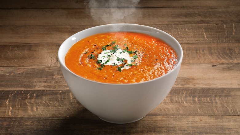 Hot tomato soup in bowl