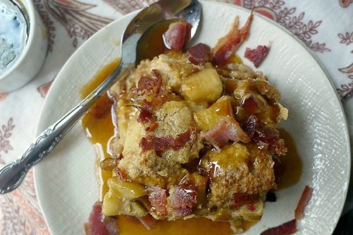 Peanut Butter-Apple Breading Pudding With Bacon Crumbles And Brown Butter Sauce