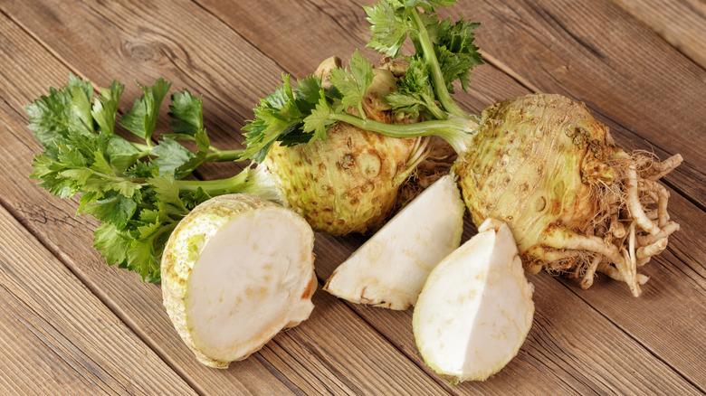 Celery root on wooden background