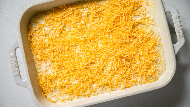 cheesy corn casserole in dish 