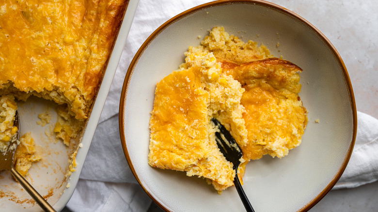 cheesy corn casserole in dish 