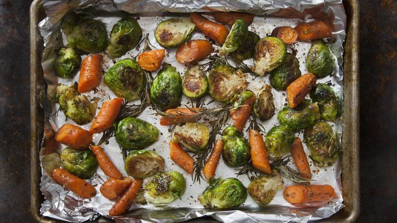 Roasted vegetables on baking sheet