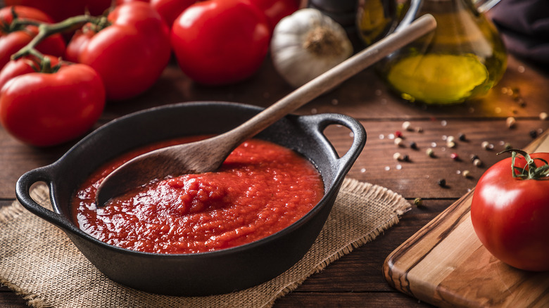 Tomato sauce in cast iron skillet