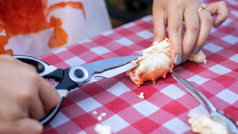 Cutting crab leg with shears