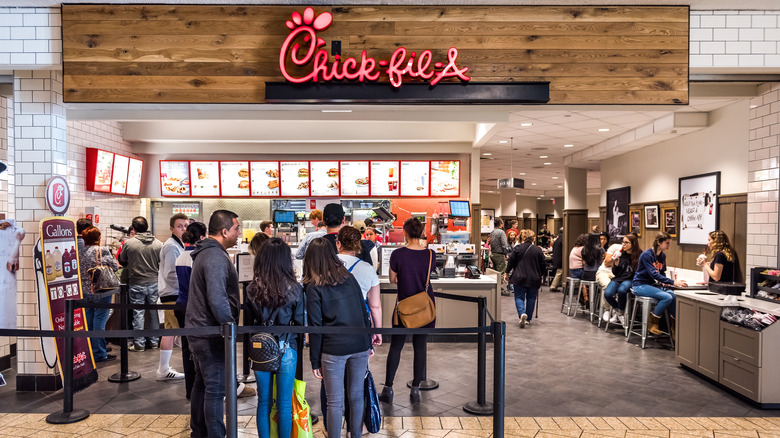 Customers in line at a Chick-fi-A