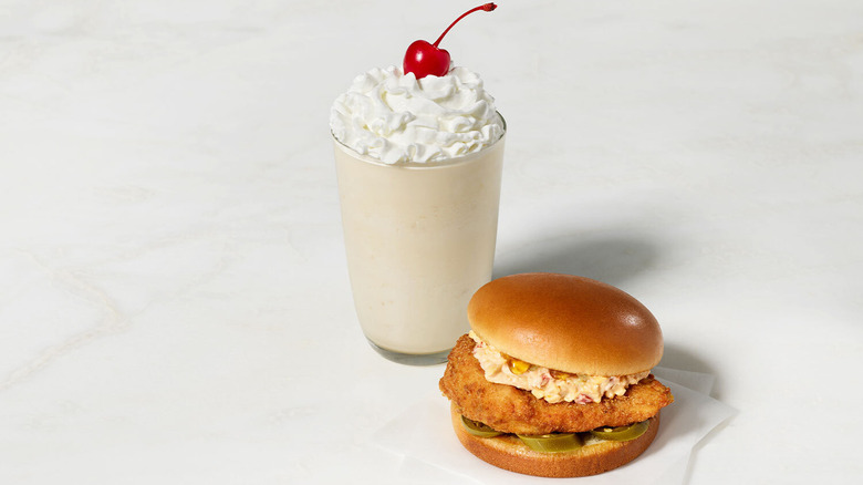 Chick-fil-A honey pepper pimento chicken sandwich and caramel shake