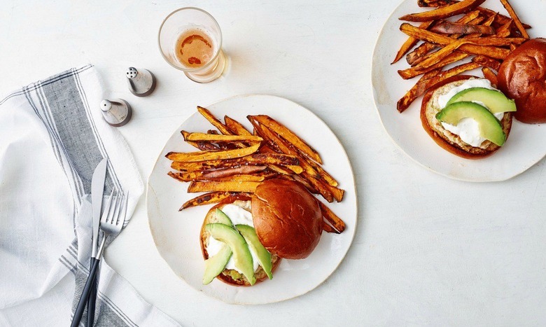 Chicken Avocado Burgers with Sweet Potato Fries and Aioli