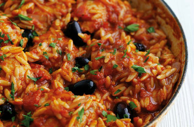 Chicken, Olive, and Orzo Bake