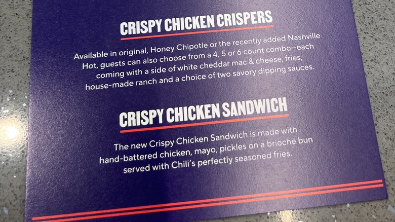 Chilli's menu showing chicken sandwich and crispers