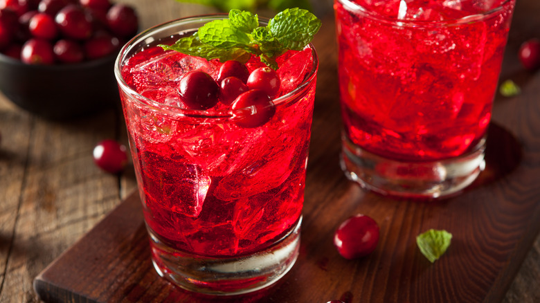 Red cranberry cocktail with sprig of mint