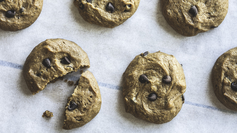 chocolate chip cookies on grey background