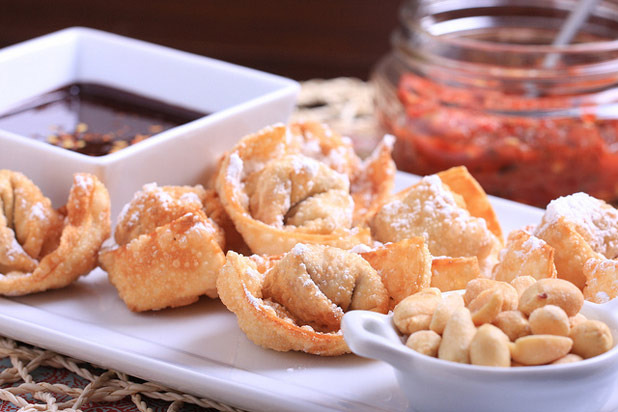 Peanut Butter and Sambal Wontons with Chocolate Sauce