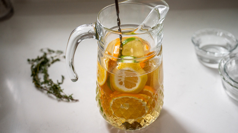 fruit and sangria in pitcher 