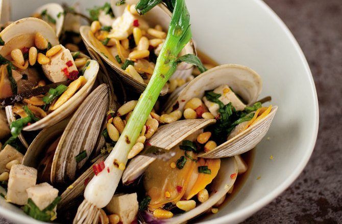 Clams Steamed in Sake with Soy and Pine Nuts