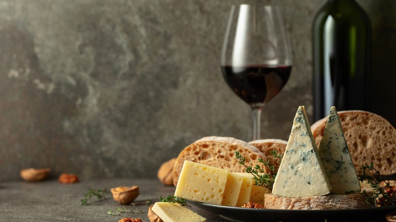 Cheese board with red wine