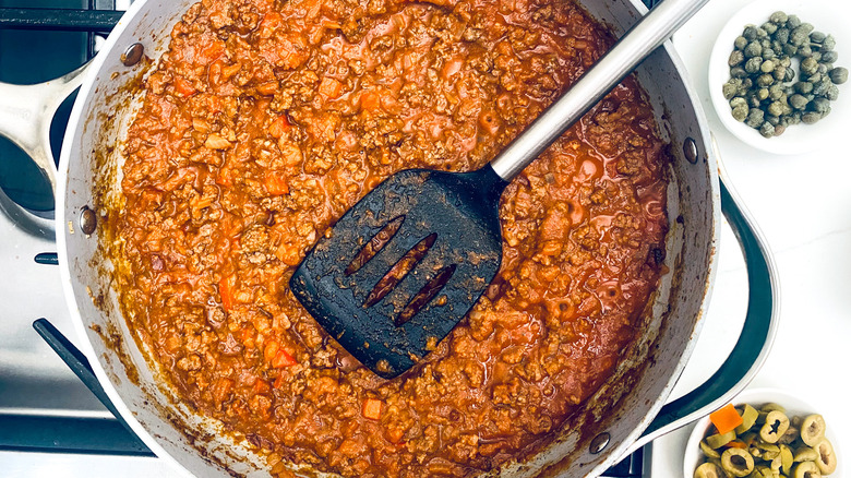 simmering picadillo with olives capers