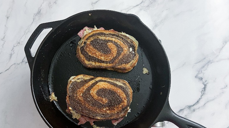 toasted reuben in skillet