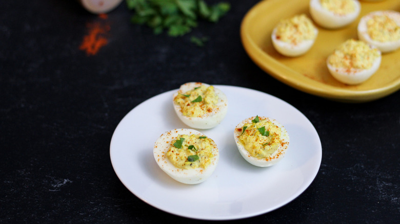 classic deviled eggs on plate 